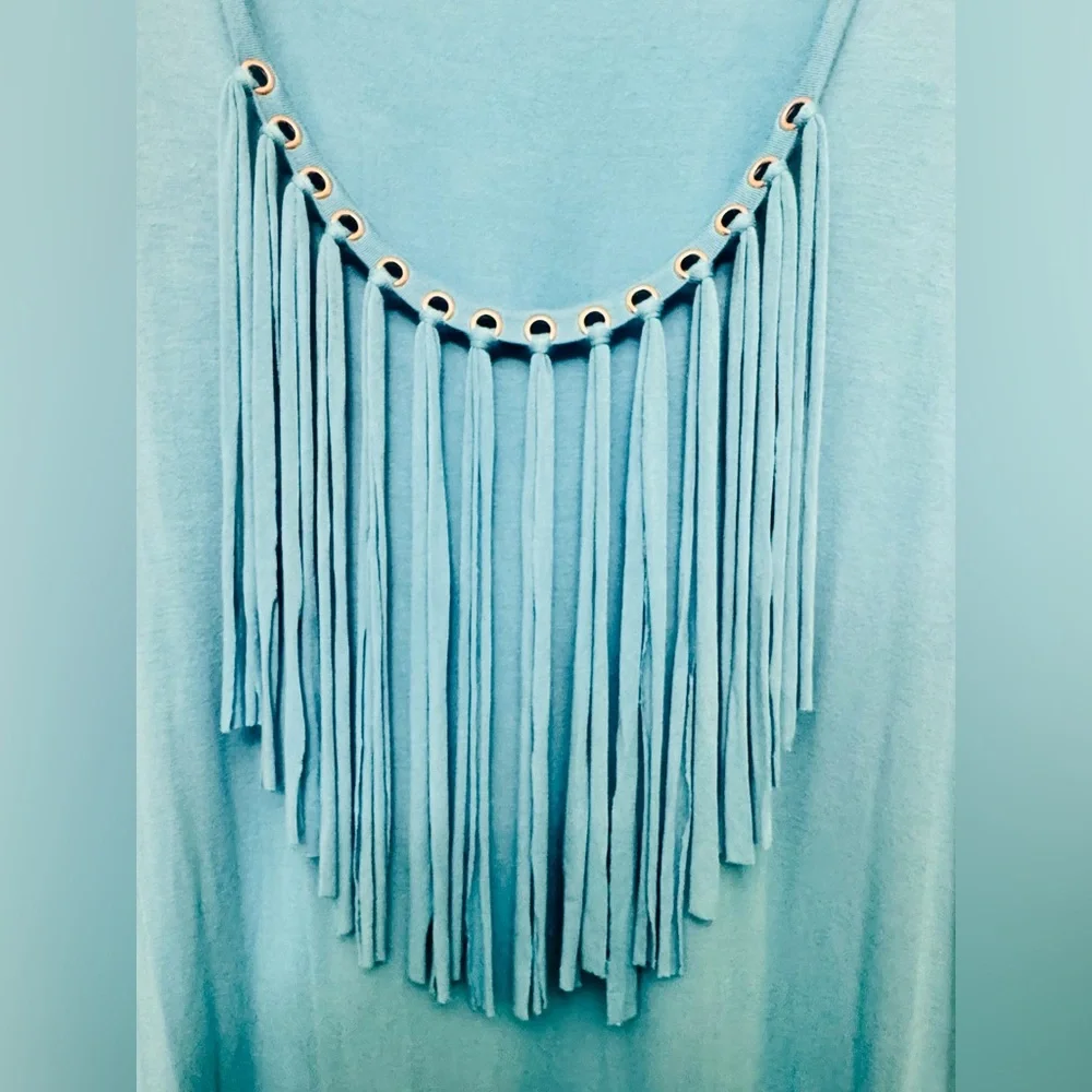 Michael Kors Tile Blue Silver Grommet Fringe Tank Top Size XL EUC - Picture 7 of 7